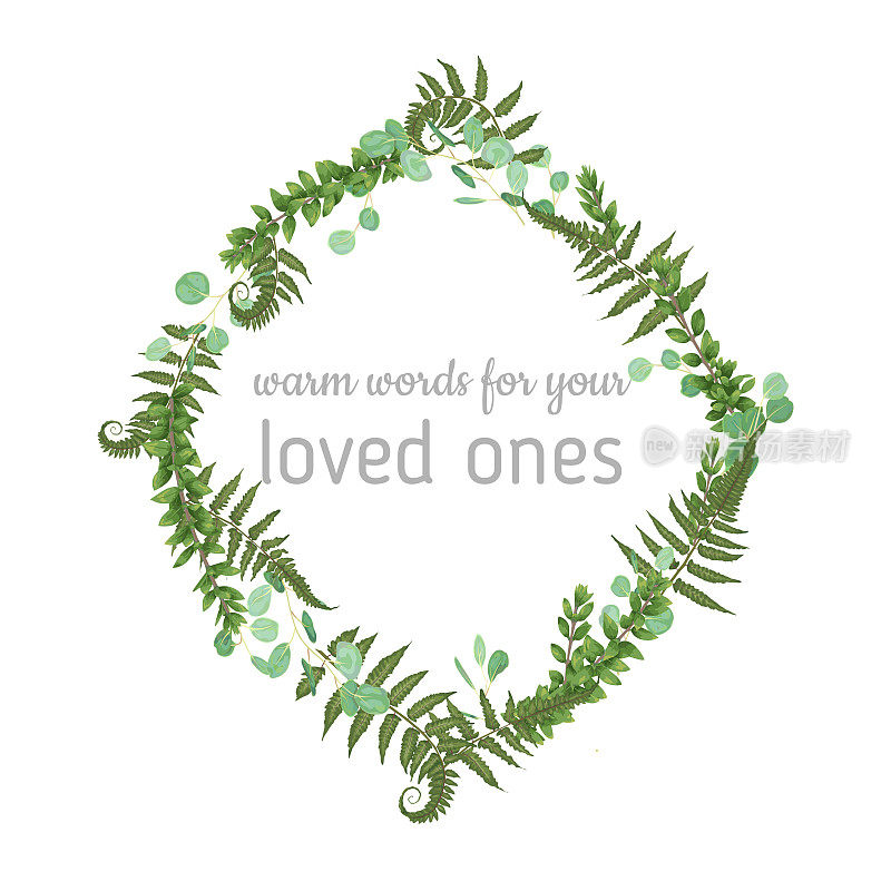 Vector floral card design. Green fern forest leaves herbs, eucalyptus, boxwood. Natural botanical Greeting wedding invite editable template rhombus, rhomb. Frame border